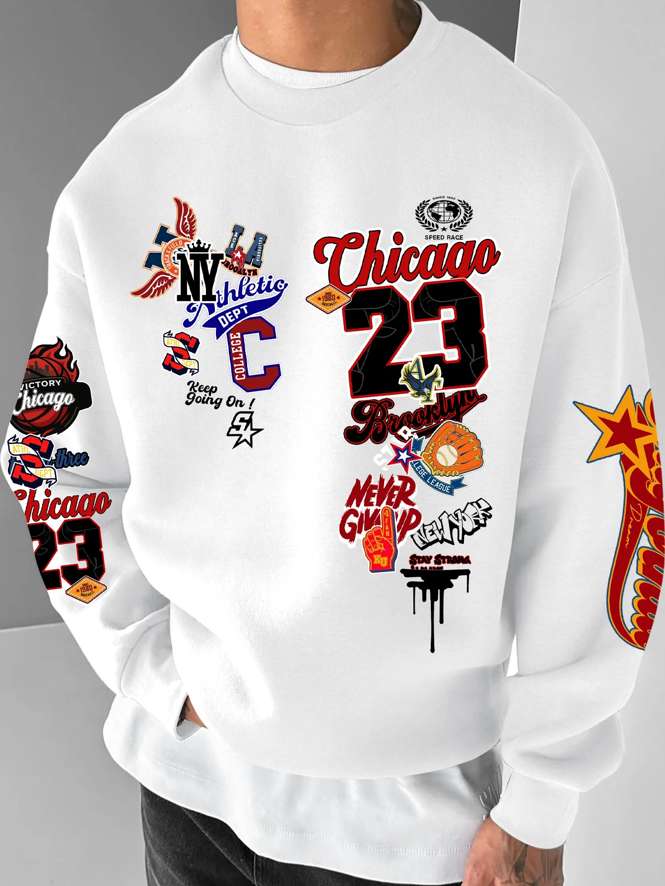 Herren-Sweatshirt mit Rundhalsausschnitt, American Street Style, Chicago 23 Multi-Badge-Print, Polyester, Alltagskleidung, S-XXL – Detail 4