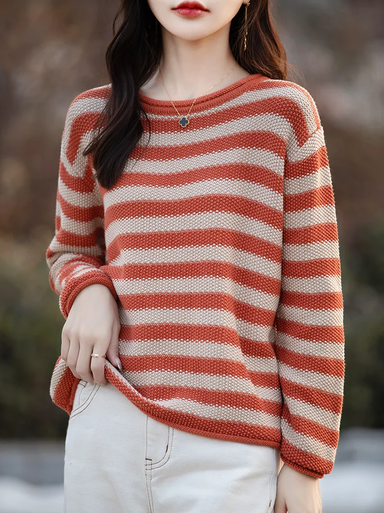 Pure Cotton Stripe round Neck Oversized Casual Shoulder Sweater Women's Loose Knitted Top Color Block Base Layer Lazy Style