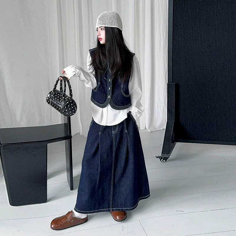 

autumn child cowboy skirts sets denim vest+cotton white shirt+long skirt design teen girls clohthes suit kid outfits vetement 14