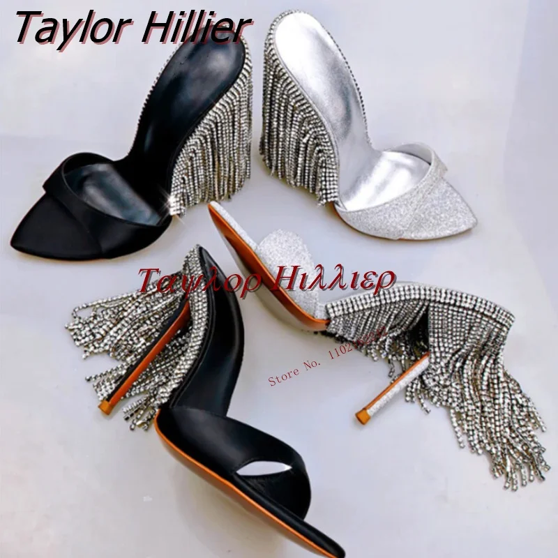 Lato nowy Tassel Rhinestone wysokie klapki na obcasie szpiczasty nosek szpilki czarne sandały moda Sexy Party bankiet Runway buty 46