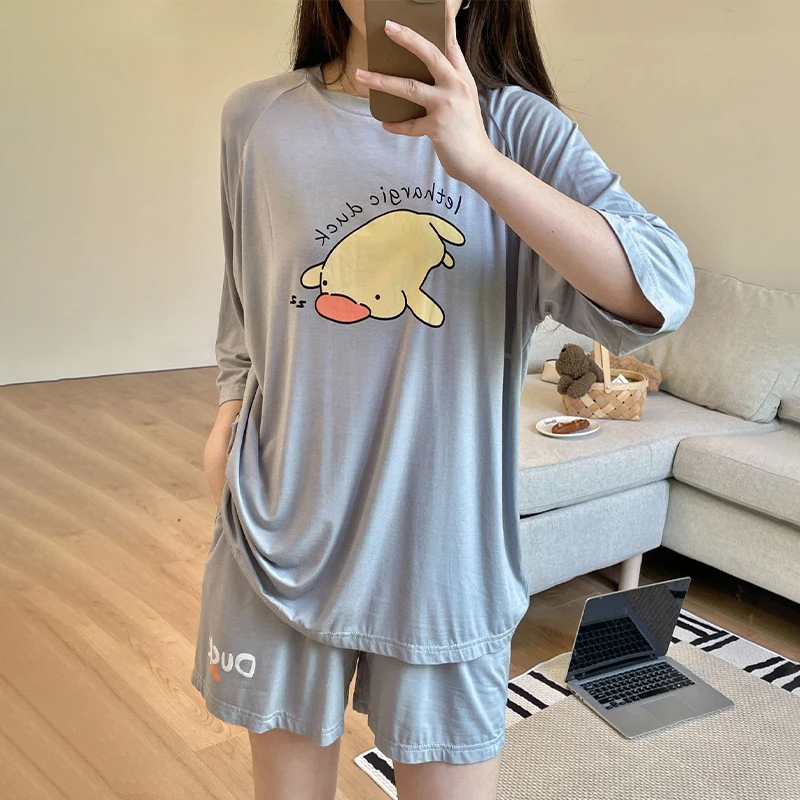 

Four Seasons New Women's Pajamas Long Sleeve Cardigan Korean Cartoon Small Fresh Sweet Home Clothes Set