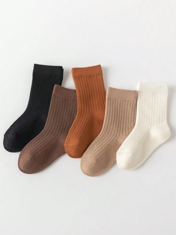Five Pairs of Autumn and Winter Kidsren's Socks Pure Color Breathable Boys and Girls Trendy Socks Medium and Large Kidsren's Baby Socks