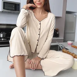 Women's Pajamas Set Spring and Autumn Season Cardigan Long-sleeved Trousers Homewear Clothes Beige Casual V-neck Sleepwear Suit