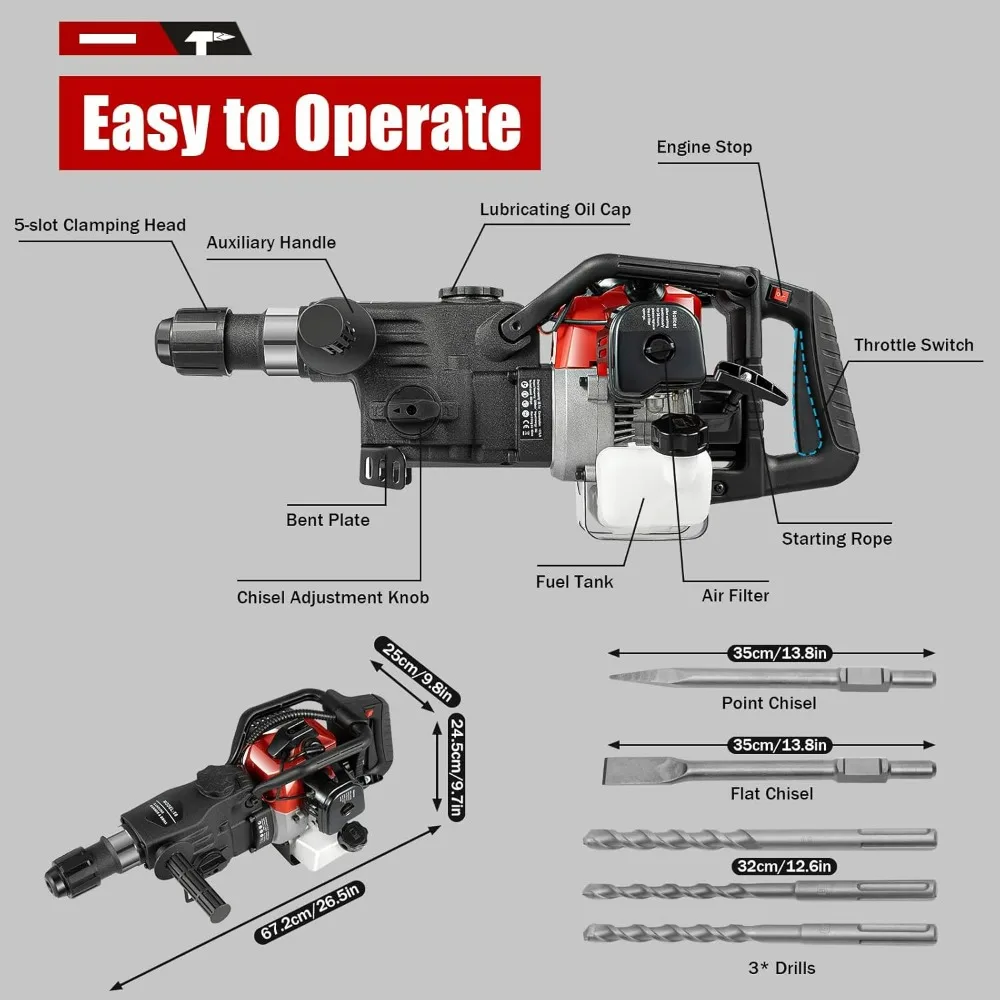 

Gas-Powered 1000W Jack Hammer for Concrete Drilling, 33cc 2-Stroke Hammer Drill with Chisels