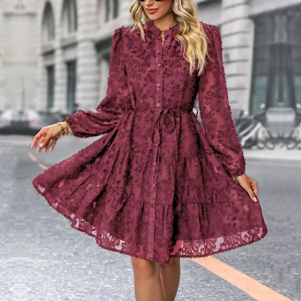 

Lace-up Dress Women Dress Elegant Lace A-line Midi Dress with Long Sleeve Tight Waist for Women Soft Feminine Single-breasted