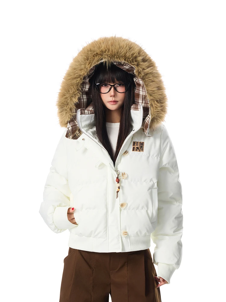 

SREK Winter New American Sle Versatile Retro Fur Collar Hooded Cotton Jaet Women ort Thi Warm Cotton Coat Outerwear