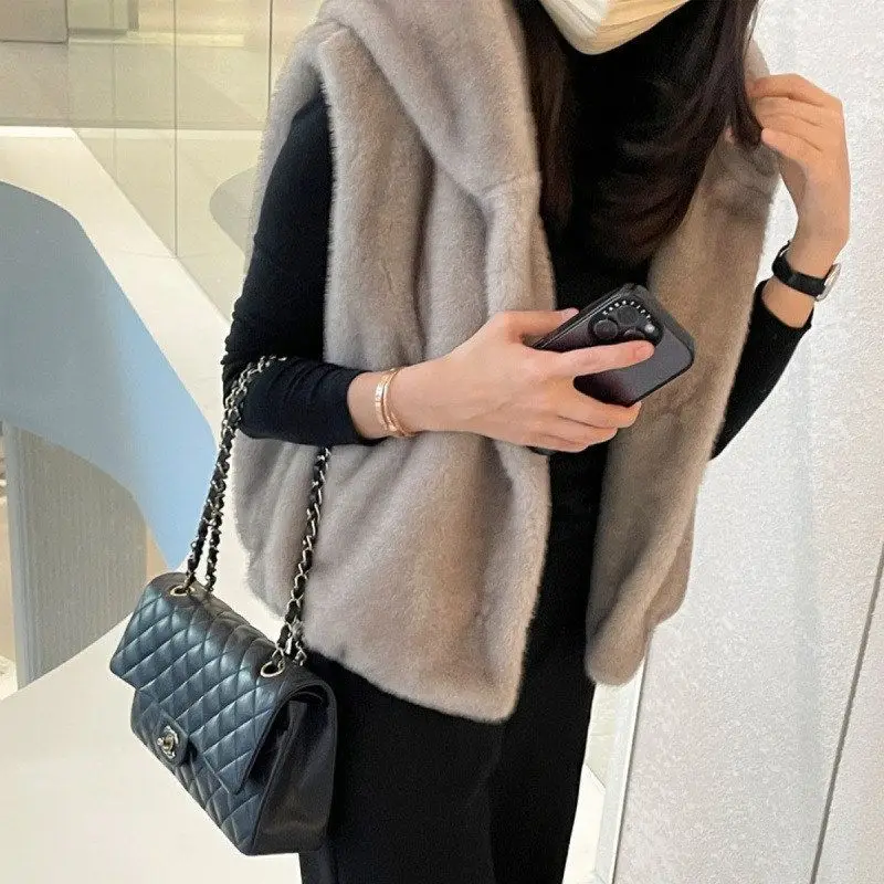 Loose Fit Hooded Mink Fur Vest Outerwear Rokid Style Casual Long Length Women's Fashion Winter Coat without Shoulder Sleeves