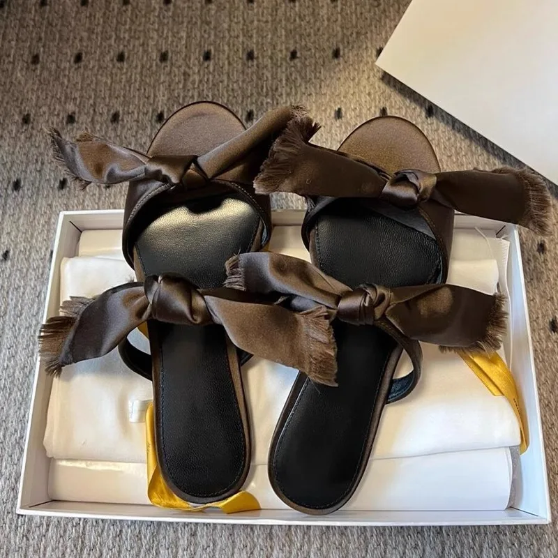 

Bow Satin Flat Sandals Black Mules Brown Leather Slippers Women's Shoes Open-Toe Zapato High-Heels Pumps Sandalias De Mujer