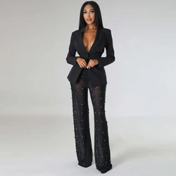 New Women's Long Sleeved Mesh Beaded Pants Set Office Ol Commuting Elegant Business Two-piece Set Formal Occasion Women's Suit