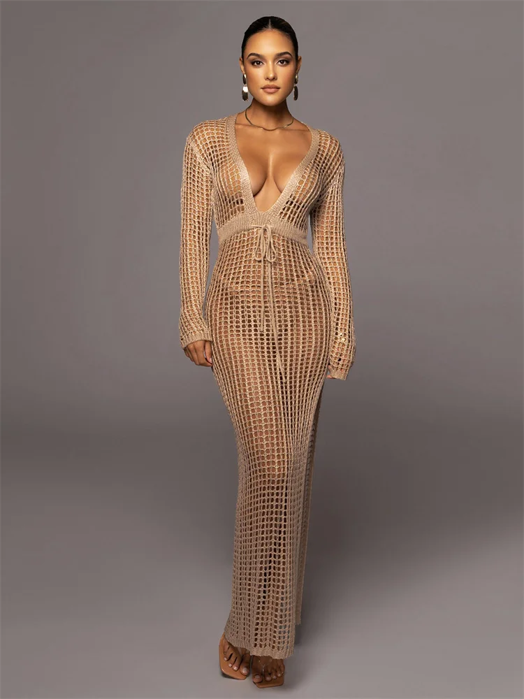 JRRY Sexy Mulheres De Malha De Fenda Vestidos Deep V Neck Crochet Dress Cover Ups Oco Out Crocheted Beach Dress Cover Up