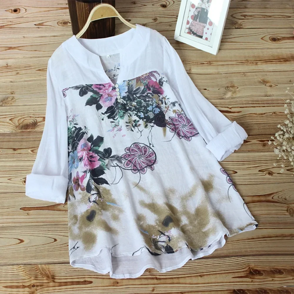 Loose and Comfortable Ladies Blouses Women Summer Floral Printing Shirts Vintage Tunic Shirts Casual Long Sleeves Pullover Tops