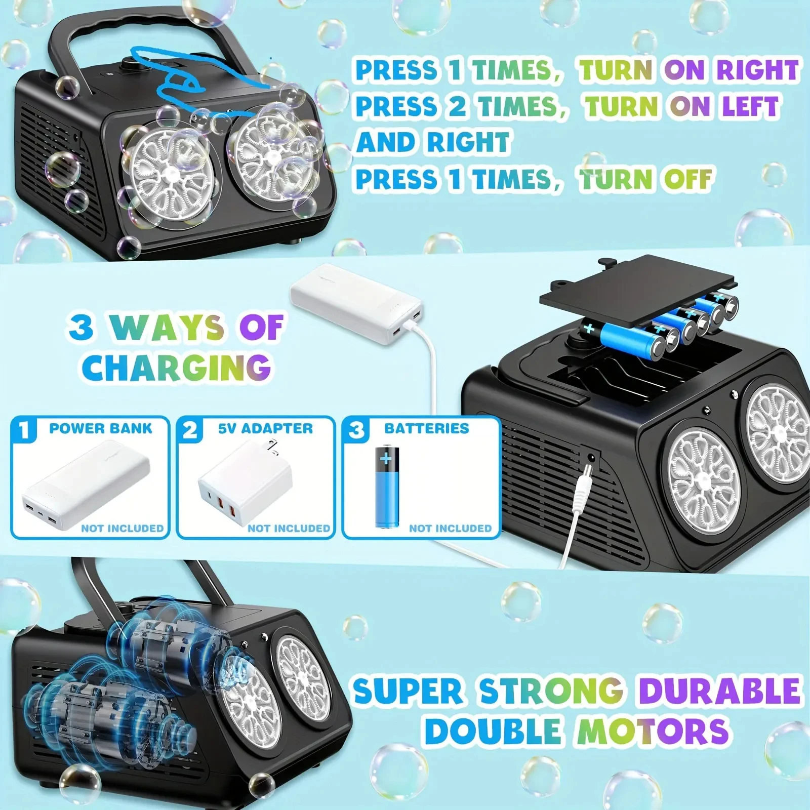 Machine à bulles automatique, souffleur de bulles avec 2 ventilateurs, plus de 20000 bulles par minute pour enfants, fabricant de bulles Portable Ope
