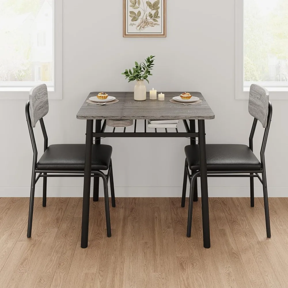 

3-Piece Dining Table Set for 2 with Storage Rack, Wood Kitchen Table with Upholstered Chairs Set of 2, Small Square T