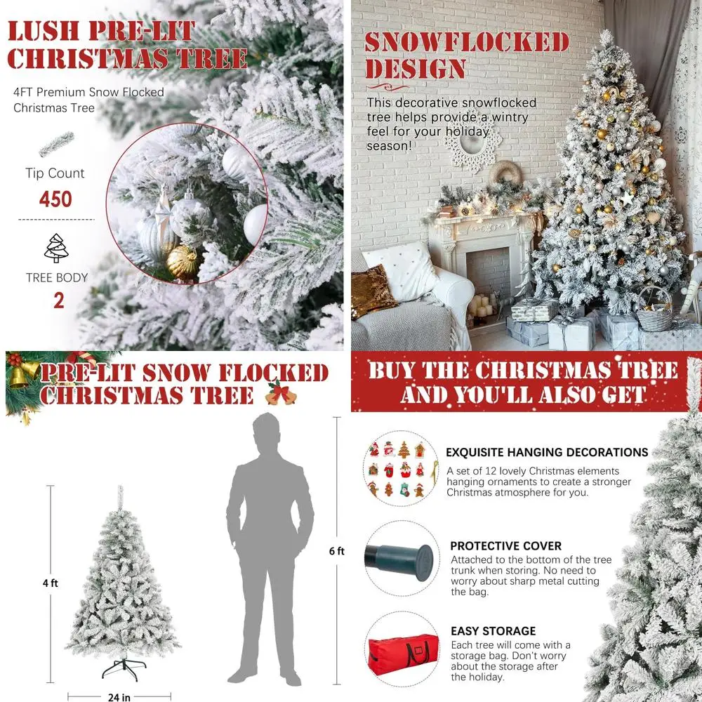 

Компактная искусственная рождественская елка с 4 футами, покрытая снегом, с 450 наконечниками для ветвей и складной подставкой для праздников