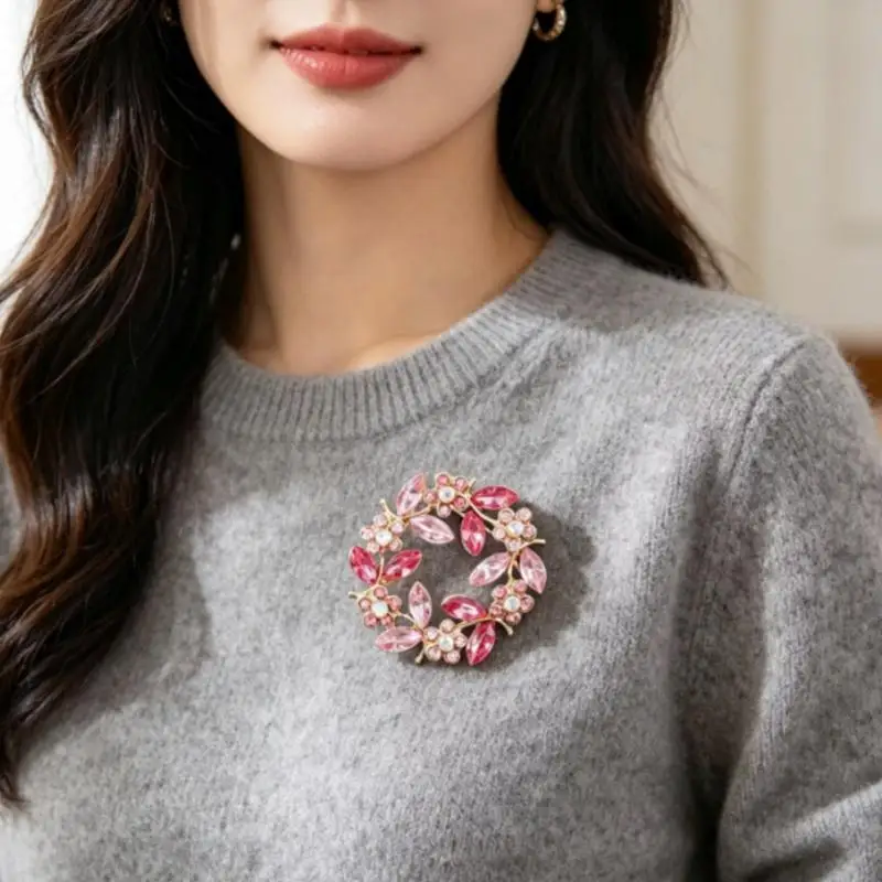 Sparkling Rhinestone Floral Wreath Brooch  Gold Plated Colorful Crystal Exquisite Accessory for Office Dating Daily Wear