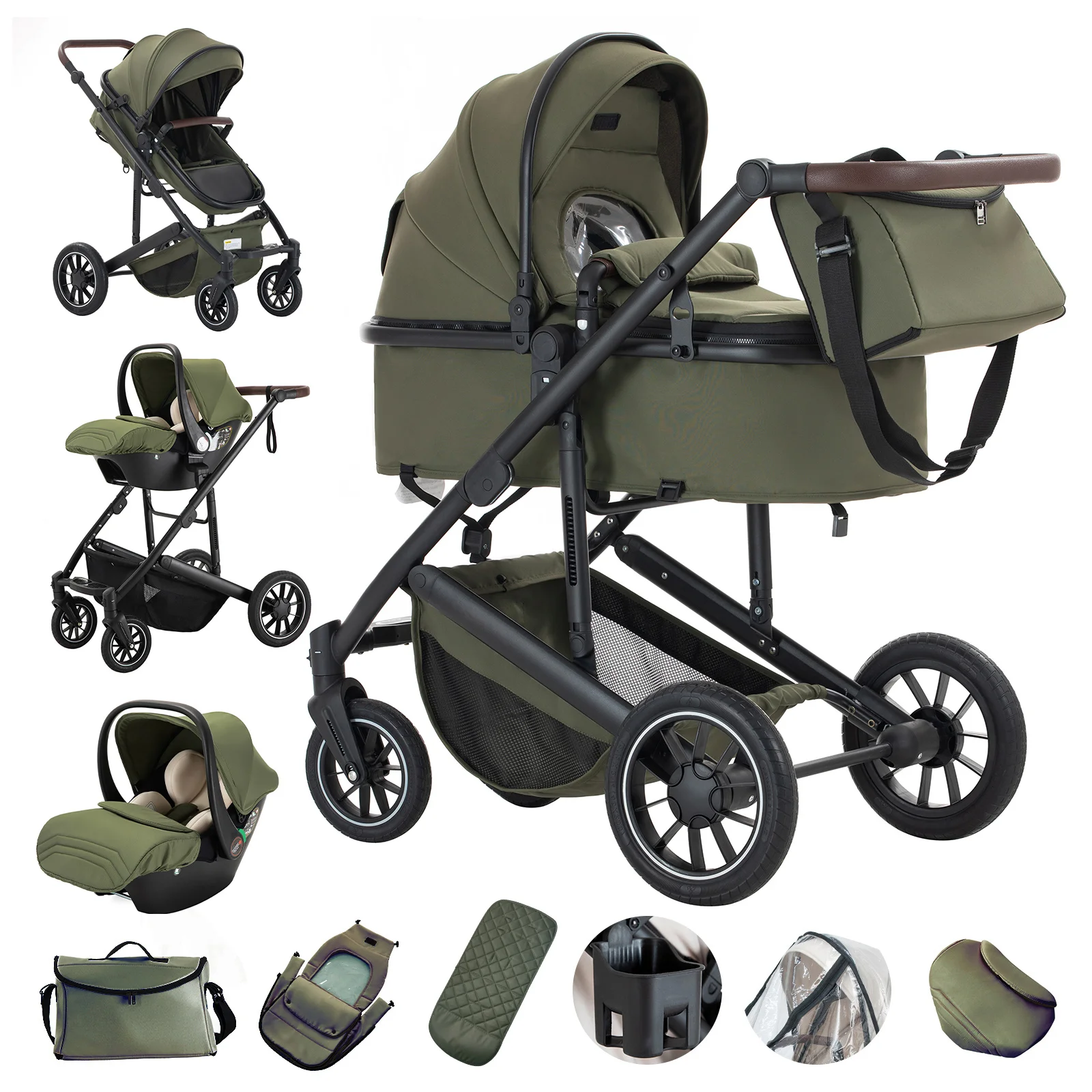 Babywandelwagen 3-in-1 draagbare reisbuggy luxe opvouwbare kinderwagen hoge ligging aluminium frame pasgeboren baby wandelwagen