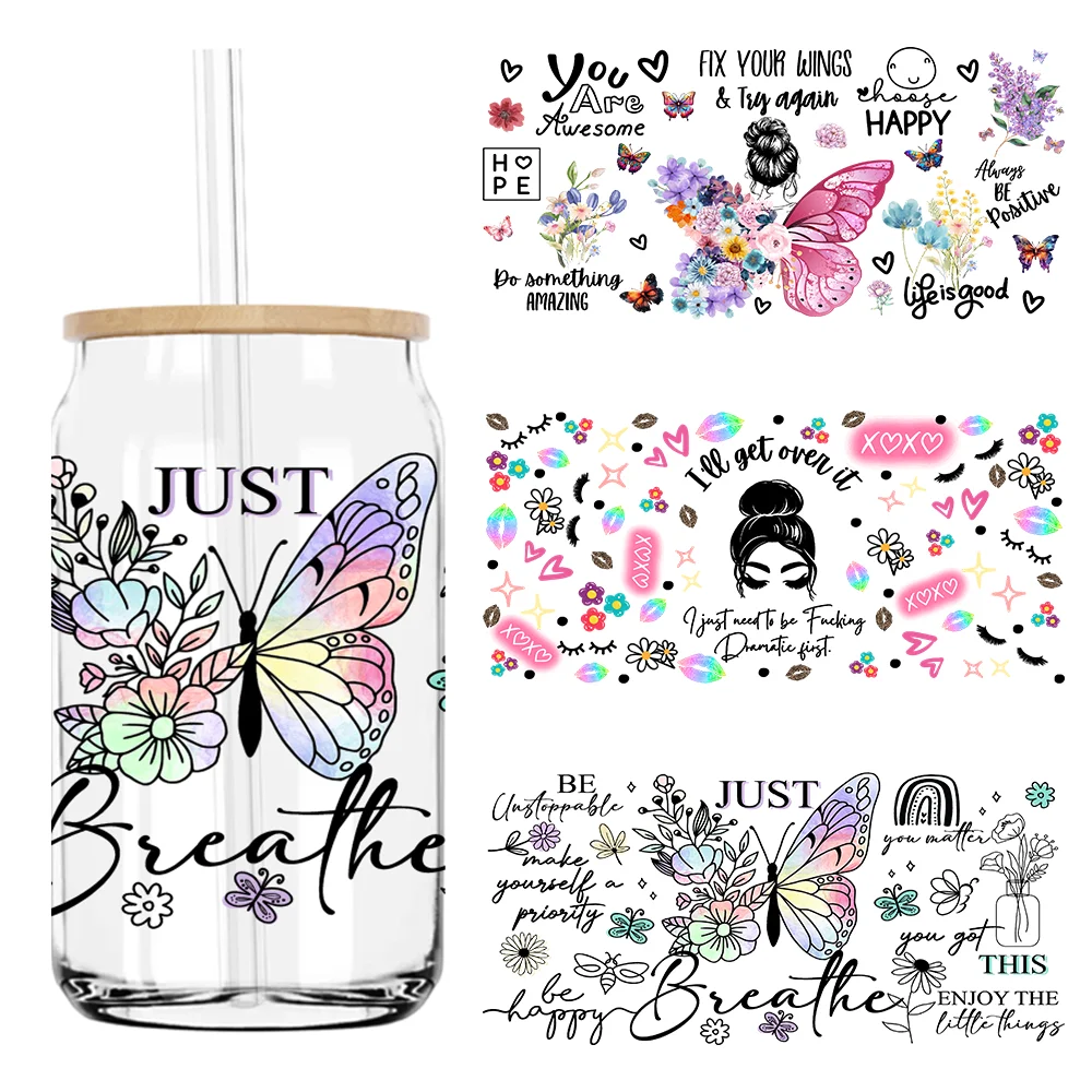 Just Breathe Butterfly Inspirational Quotes UV DTF Sticker For 16OZ Libbey Glass Cup Can Wrap Sticker Custom Labels DIY Logo