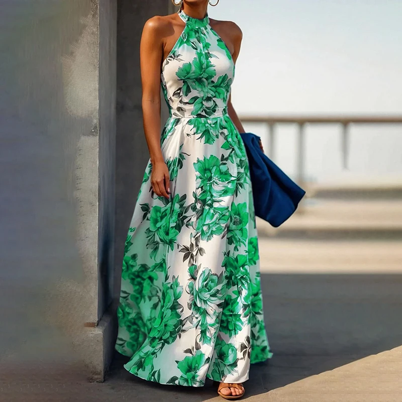 Vestido bohe elegante sin mangas con cuello Halter, vestido de vacaciones drapeado con estampado de moda de verano, vestido largo ajustado informal de cintura alta para mujer