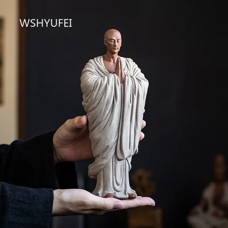 1pc Ceramic Monk Statue Meditation Buddha Figure Oriental Zen Sculpture Tea Table Display Shelf Living Room Interior Decor