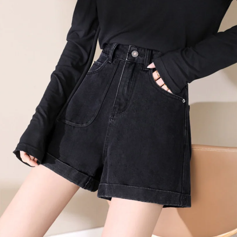 2023 Summer New High Waist Denim Shorts Elastic Waist Wide Leg Slim A-line Pants Korean Version Hot Pant Trend