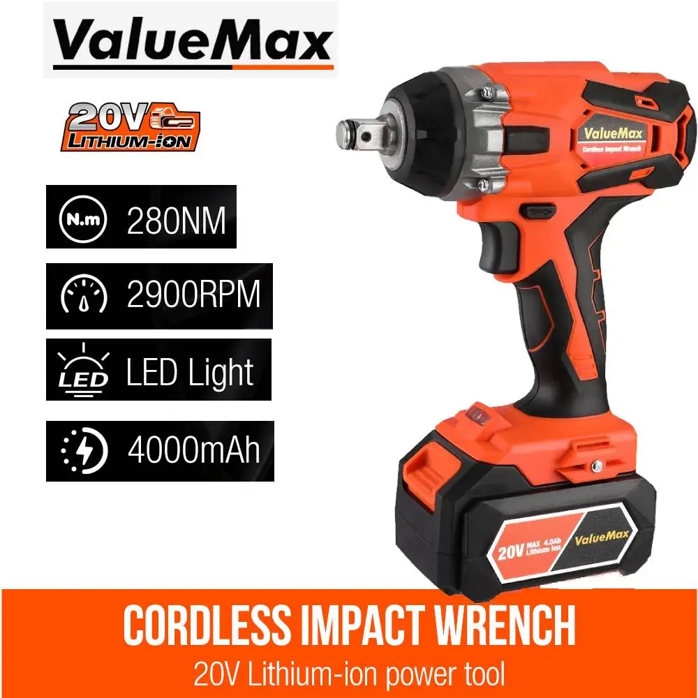 

ValueMax 20V Electric Wrench Cordless Impact Wrench Rechargeable 4.0Ah Li-ion Battery 1/2" Wrench Automotive Repair Power Tools