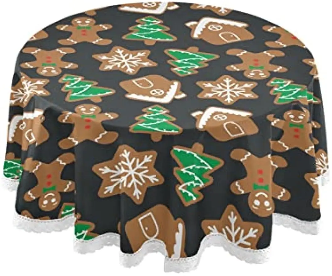 Christmas Gingerbread Pattern Round Tablecloth Washable Cartoon Tree House Cookies Circular Polyester 60 Inch