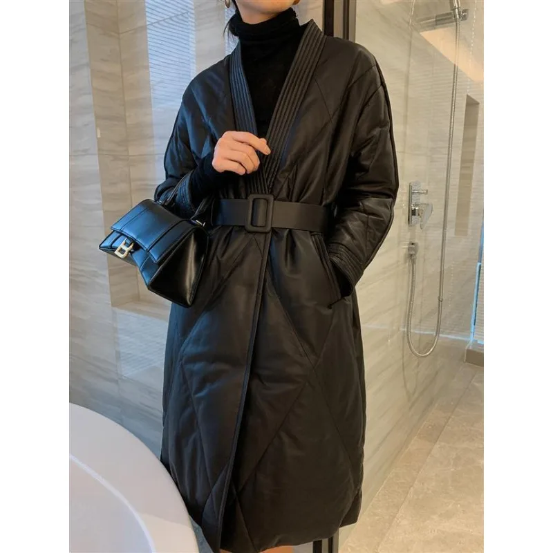 New Spring Autumn PU Leather Down Cotton-padded Clothes Cotton-padded Jackets Women's Mid-length Coats Waist-cinching Jackets