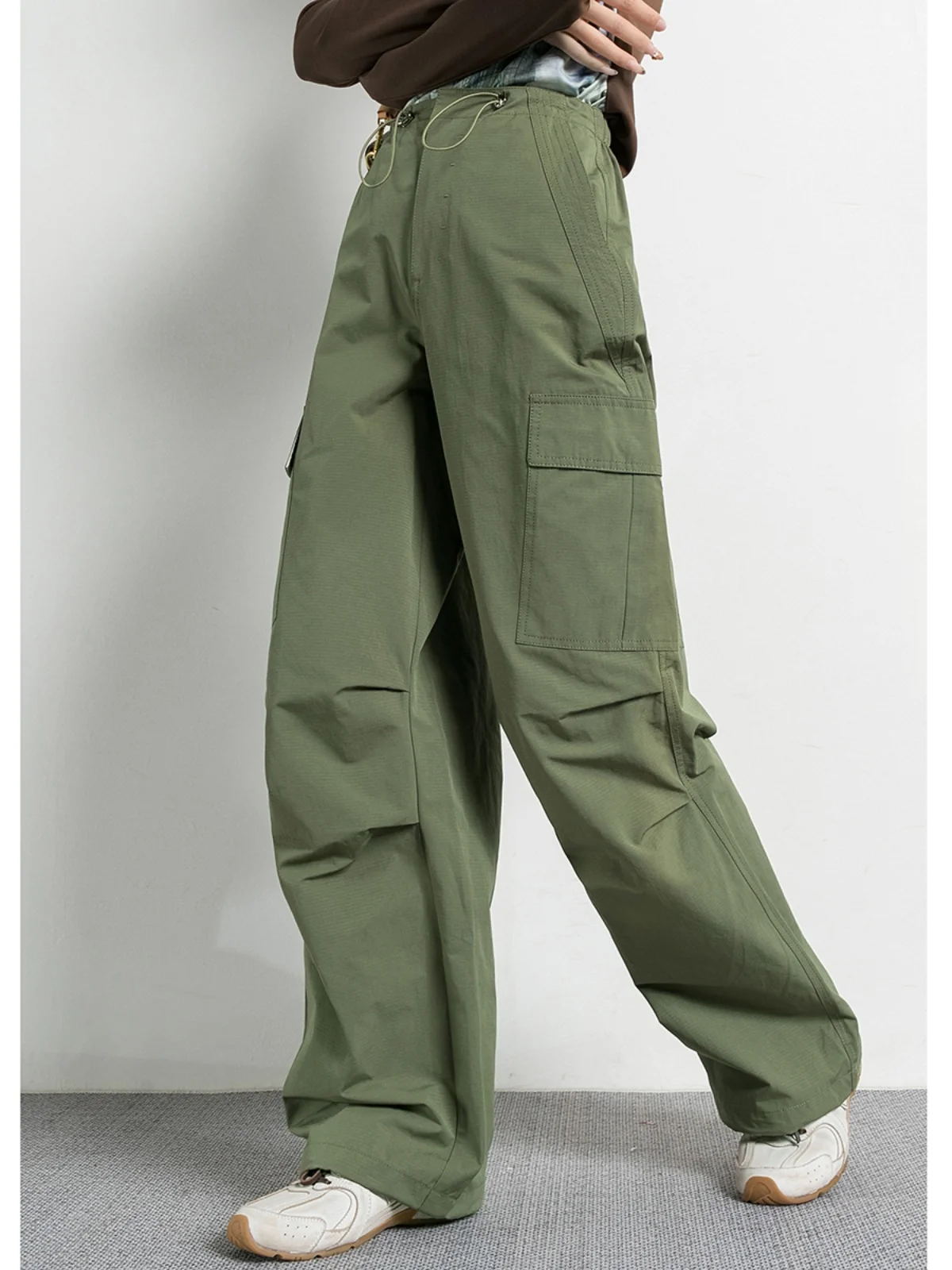

Женские повседневные брюки Tide PA Military Green Workwear с высокой талией, широкими штанинами, длинные, не мнущиеся, весна-осень, новый стиль