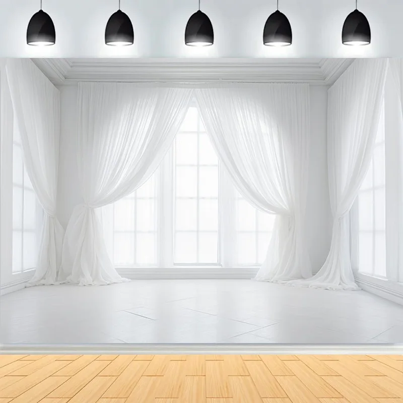 White Window Photography Background Curtain Wedding Birthday Party Pregnant Interior Decor Elegant Drapes Backdrop HU-01