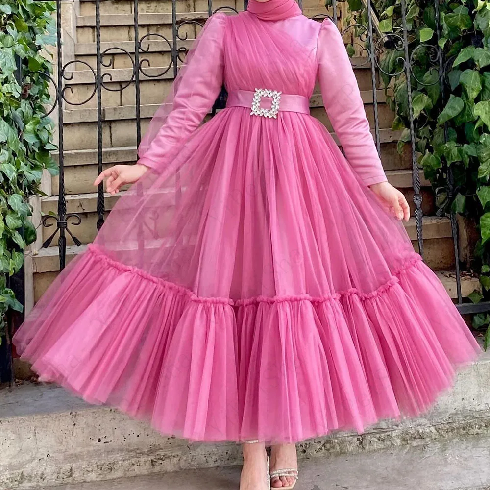 

Customized A-Line Prom Dresses Ankle-Length O-Neck Full Sleeve Evening Gown Fashion Crystal Sashes Simple Draped Party Gown