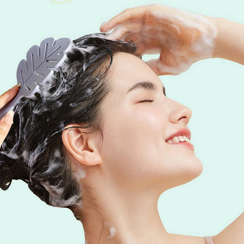 Leaf Shape Silicone Shampoo Brush Head Scalp Massage Soft Hair Comb Long Handle Bath Brush Body Massage Cleansing Tool Gift view 5