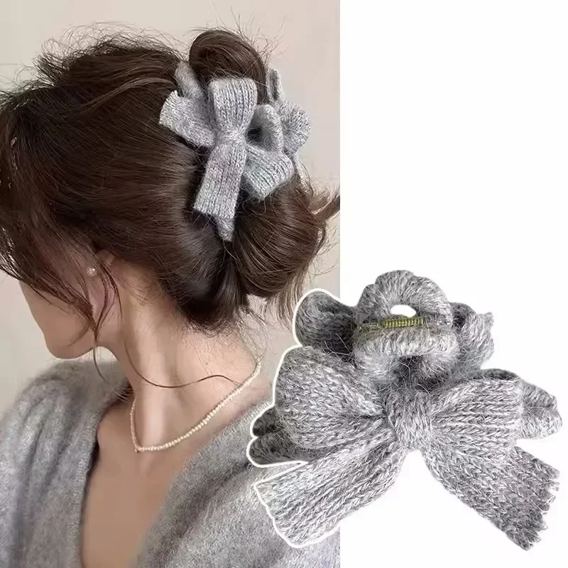 Knitted Bow Hair Claw Clip High Quality Handmade Weave Plush Hair Crabs Shark Clips Autumn Winter Hair Accessories