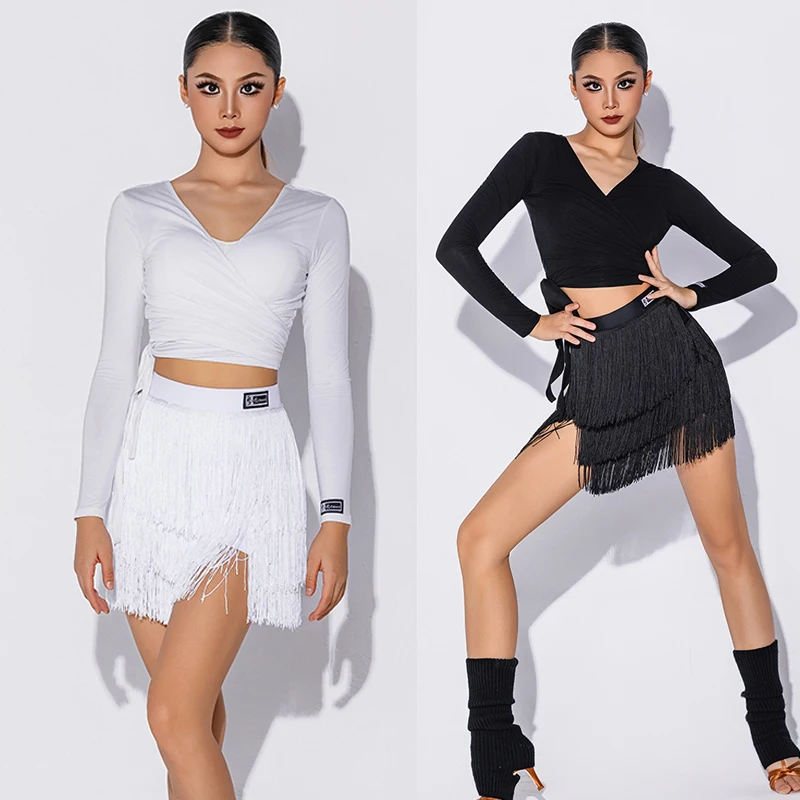 2025 New Latin Dance Performance Costumes White Black Tops Tassel Skirt Outfits Adult Female Chacha Latin Practice Wear DQS20629
