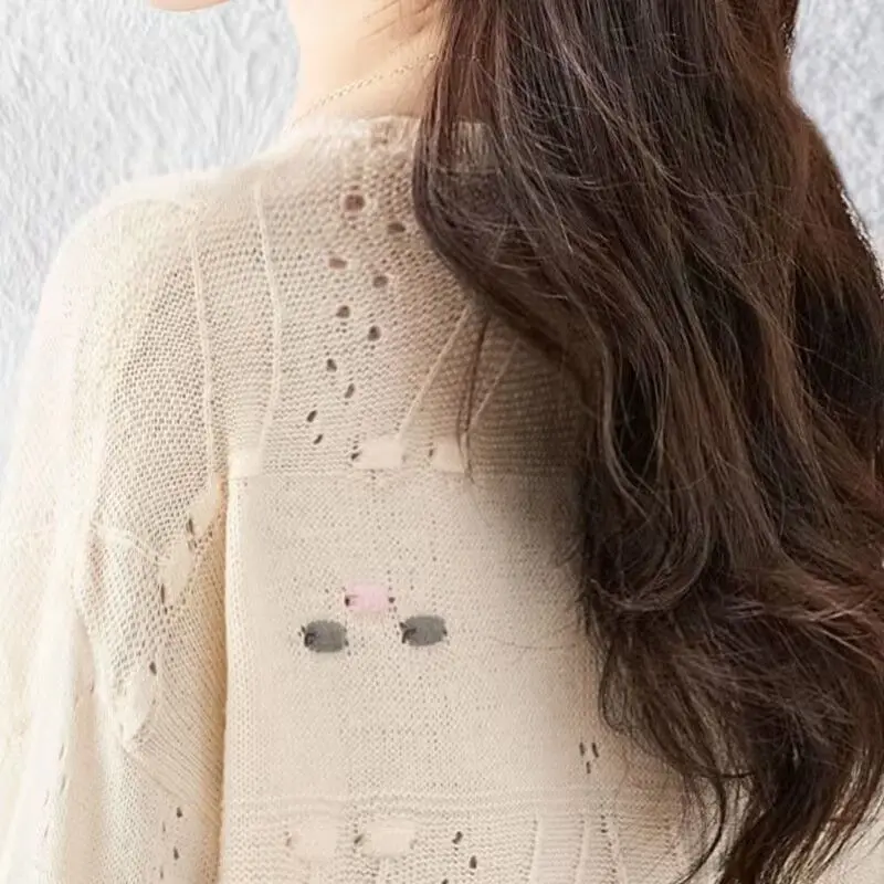 Spring Autumn Women\'s Solid Color Long Sleeve Hook Flower Hollow Sweater Knitted Casual Pullover Round Neck Office Lady Tops