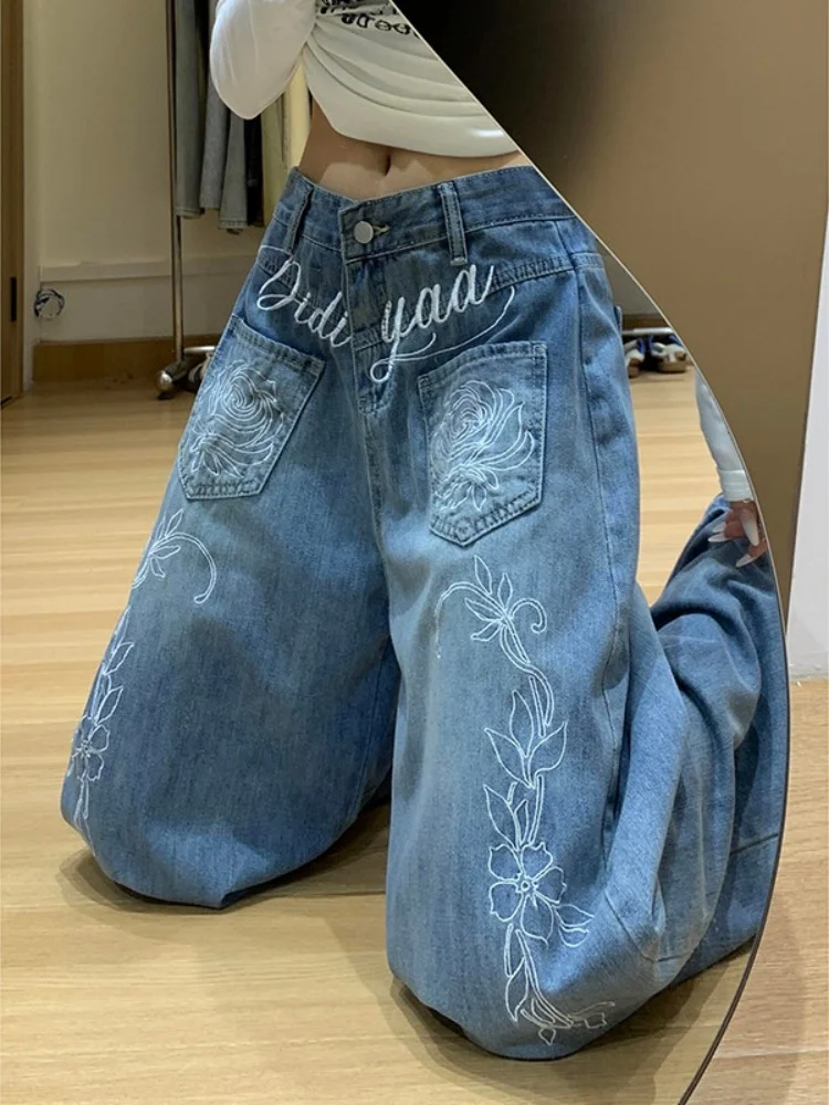 

Retro Washed Floral Embroidery Wide Leg Denim Jeans Women's Summer Lazy Design Loose Slimming Knife Pants American Style High...