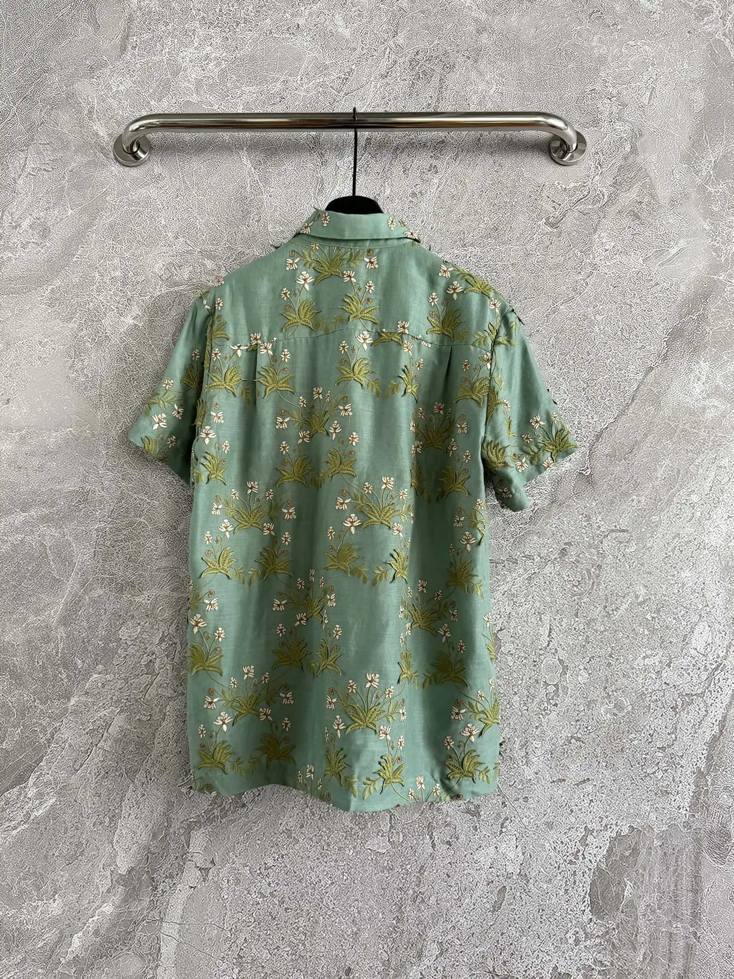 

Floral Embroidery Women Green Blouse Summer 2025 Turn-down Collar Short Sleeve Casual Holiday Shirt
