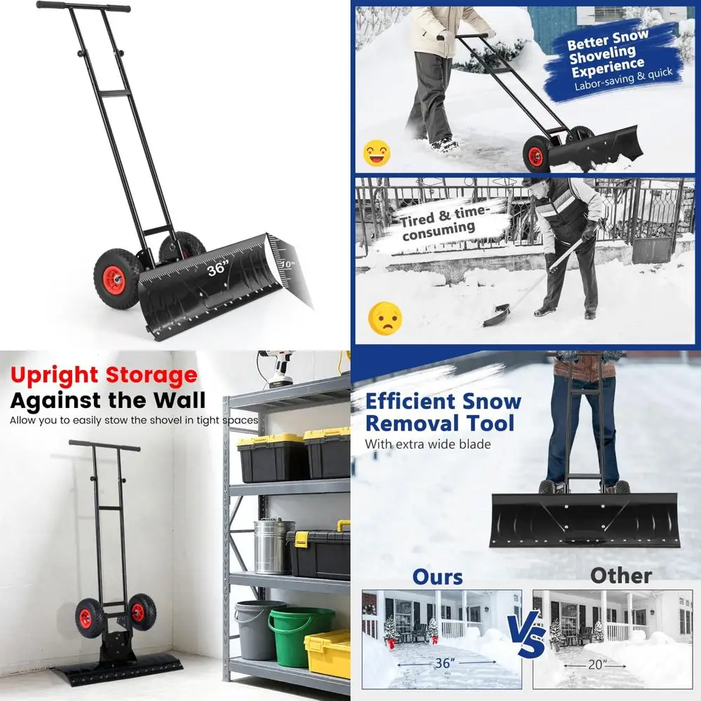 

GYMAX Snow Shovel, Wheeled Pusher with 10” Pneumatic Rubber Wheels, 36” Wide Blade, Adjustable Height, Anti-Slip Handle, Heavy D