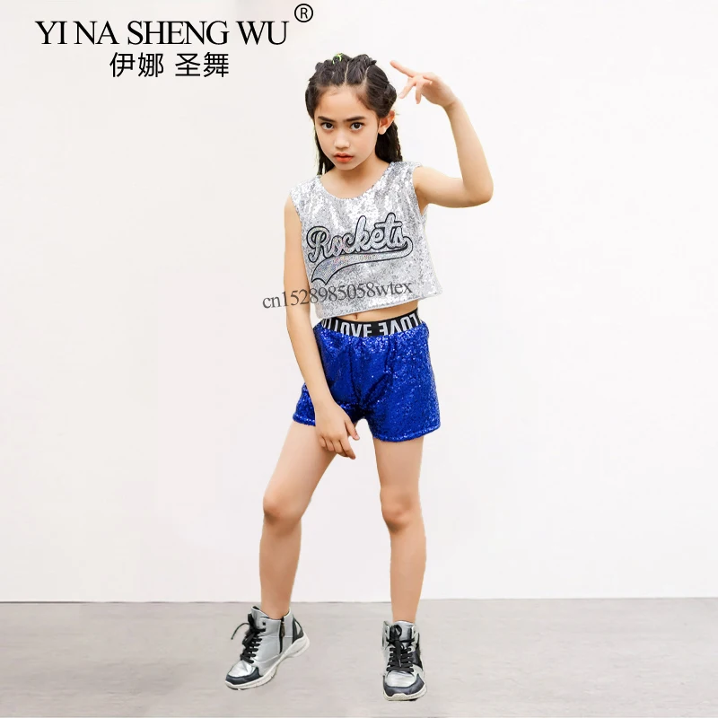 Roupas de dança jazz crianças meninas meninos lantejoulas colheita topo & saia/shorts conjunto líder de torcida dança de rua jazz palco desempenho traje