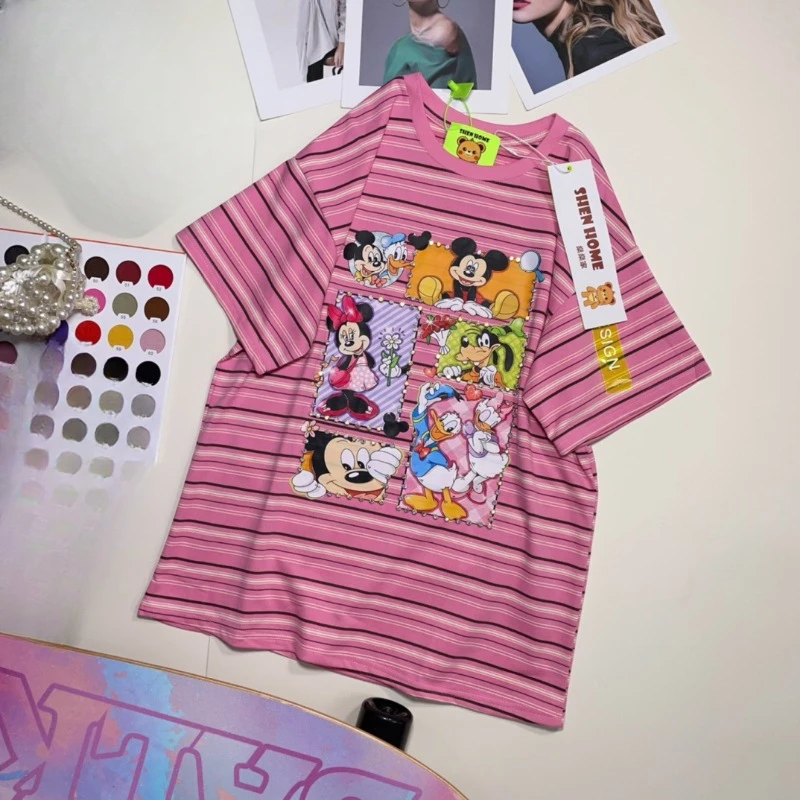 2024 Summer New Korean Style Y2k Tees Youthful-Looking Cartoon Diamond Printed Striped Round Neck Short Sleeve T-shirt