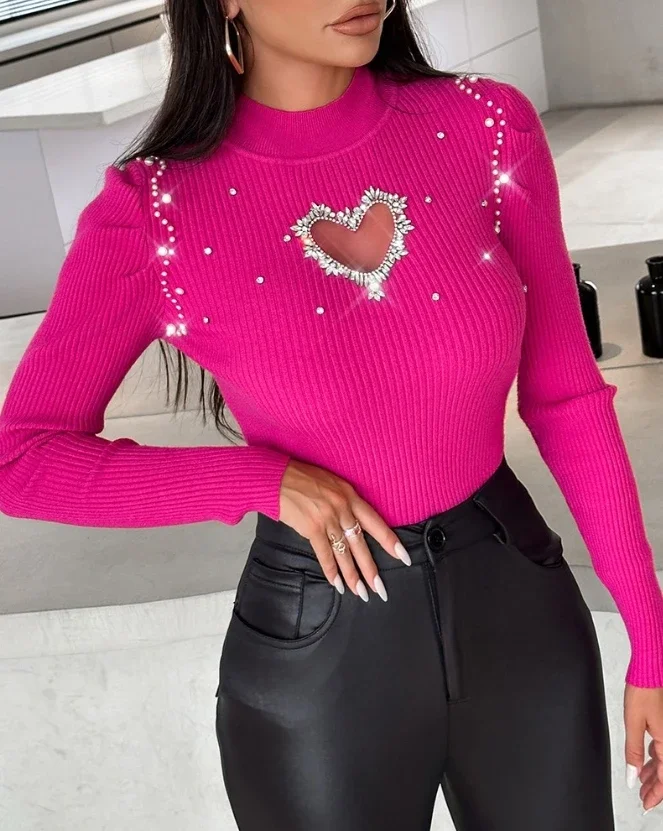 Tops for Women Winter Blouse Casual Solid Color Rhinestone Hollow Heart Knit Long Sleeve Pullover Skinny Sweater for Women