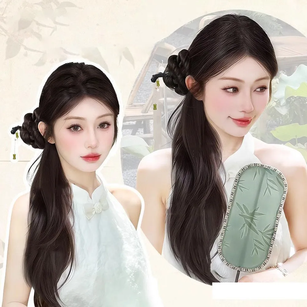 

45 см в китайском стиле, синтетические косички для хвоста, зажим для парика, женские натуральные вьющиеся пушистые волосы для наращивания