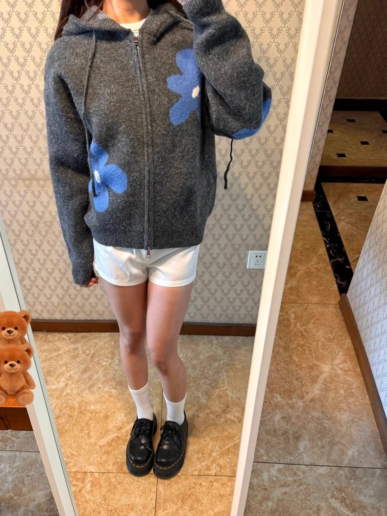 

Blue Flower Embroidered Hooded Knitted Open Cardigan Versatile Sweater Jaet Women's Casual Sle Long Sve Zipper Closure