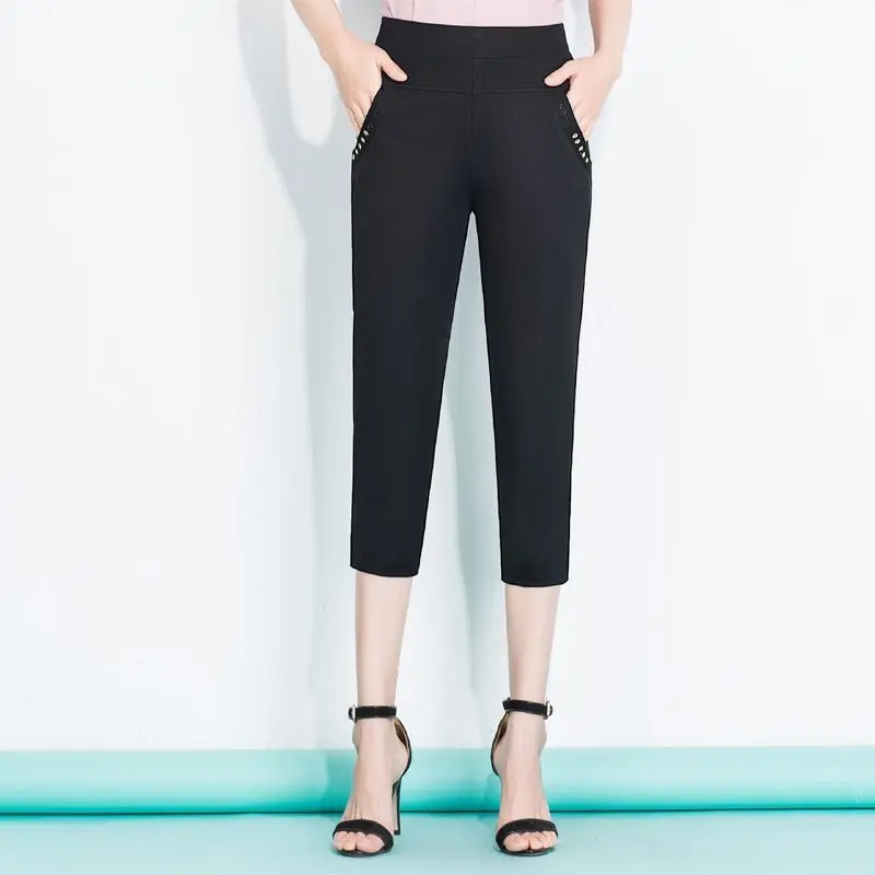 

2023 Women's Capris Pants For Women Elastic High Waist Pencil Calf Length Pant Summer Breeches Black