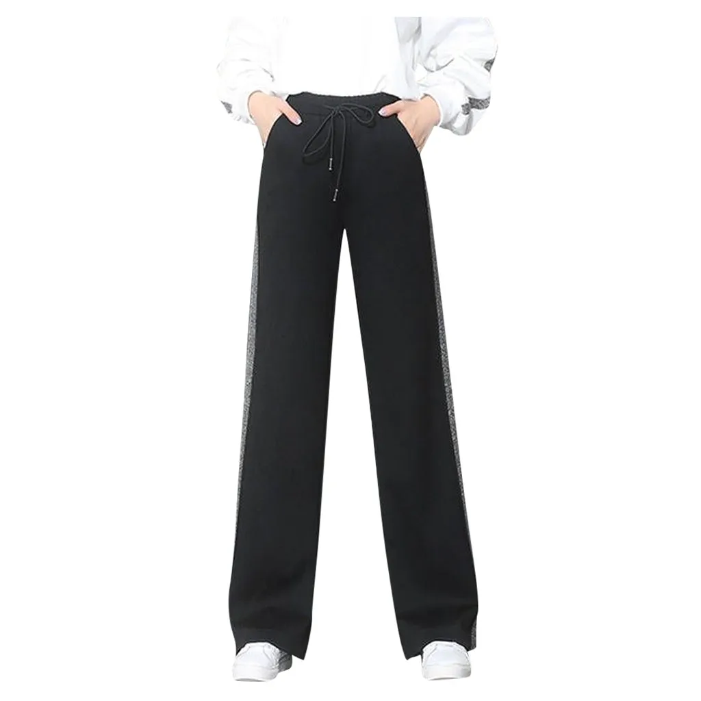 Trendy Striped Patchwork Jogging Pants For Women Classic Solid Color Drawstring Double Pocket Trousers Casual Comfort Sportswear