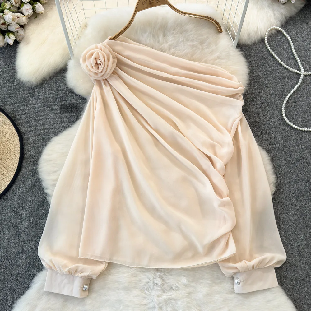 

Сексуальная блузка из шифона с открытыми плечами, женская, весенняя мода, с 3D цветочным пэчворком, рукавами-фонариками, свободного кроя, элегантная, милая рубашка