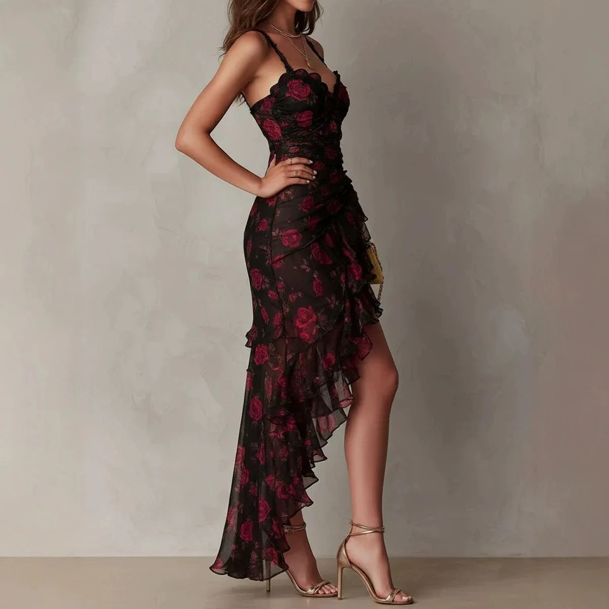 2026 Sommer Camisole-Kleid Damen Sexy Ärmelloses Bodycon-Kleid Schwarz mit Blumenmuster und Rüschenkante Y2K