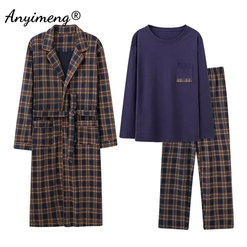 3pcs Men\'s Robe Gown Pajamas Plus Size 4XL Leisure Homesuit Plaid Pajamas+Robe Long Sleeved Autumn Winter Soft Cotton Sleepwear