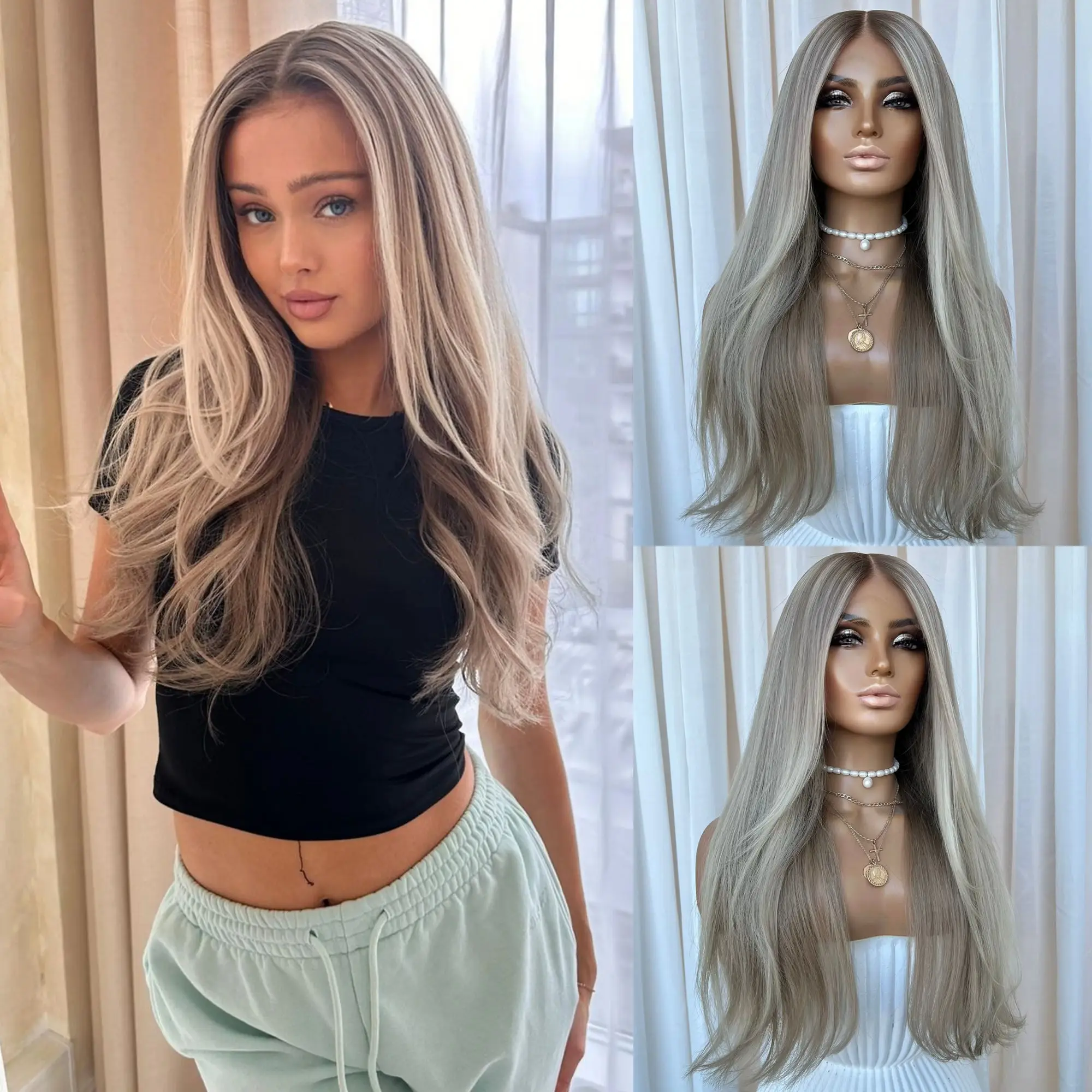

Gray Sliver Blonde Slightly Wave 13x4 Front Lace Wigs Long Realistic Look Natural Hairlin Glueless Wigs Synthetic Hair Daily Use