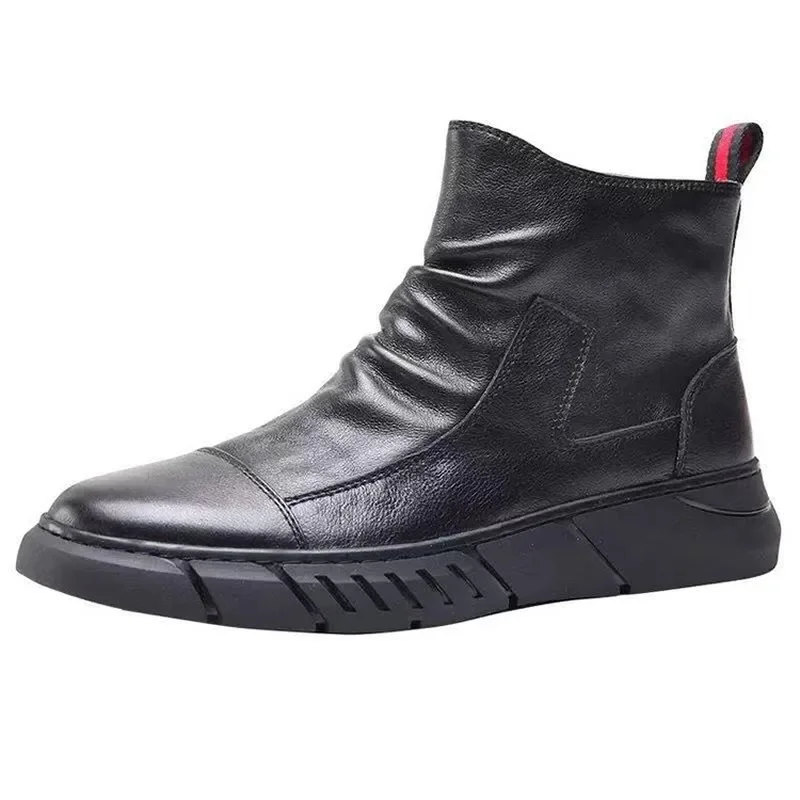 New Men Genuine Leather Riding Boots Spring Autumn High Top Leather Loafer Shoes Breathable Slip-on Side Zip Ankle Boots ZP2757