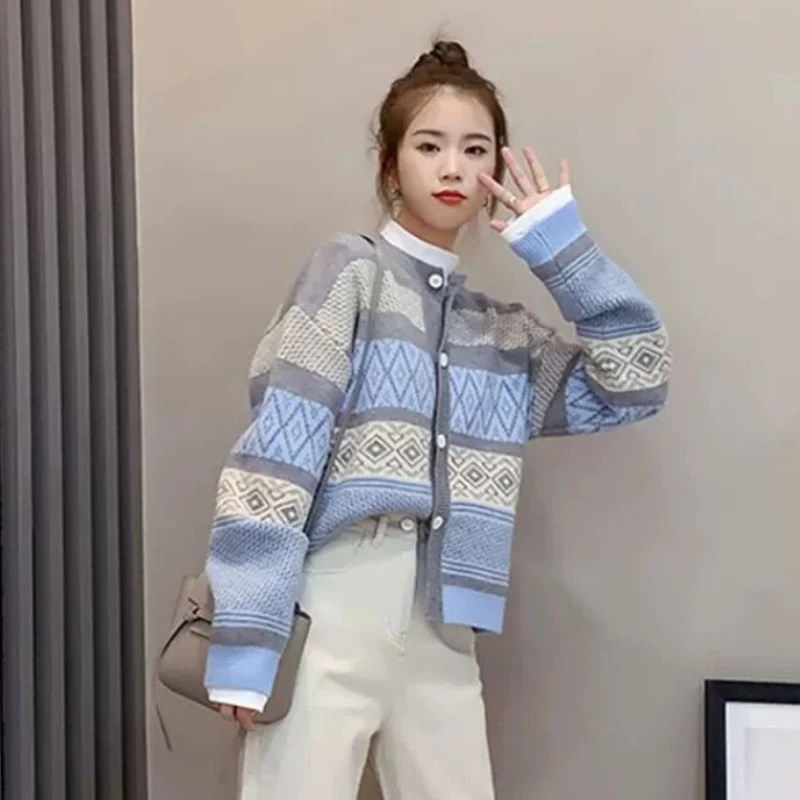 Striped Panelled Cardigan Women Vintage Design Casual Retro All-match Females Aesthetic Stylish Temperament Sweaters Clothing